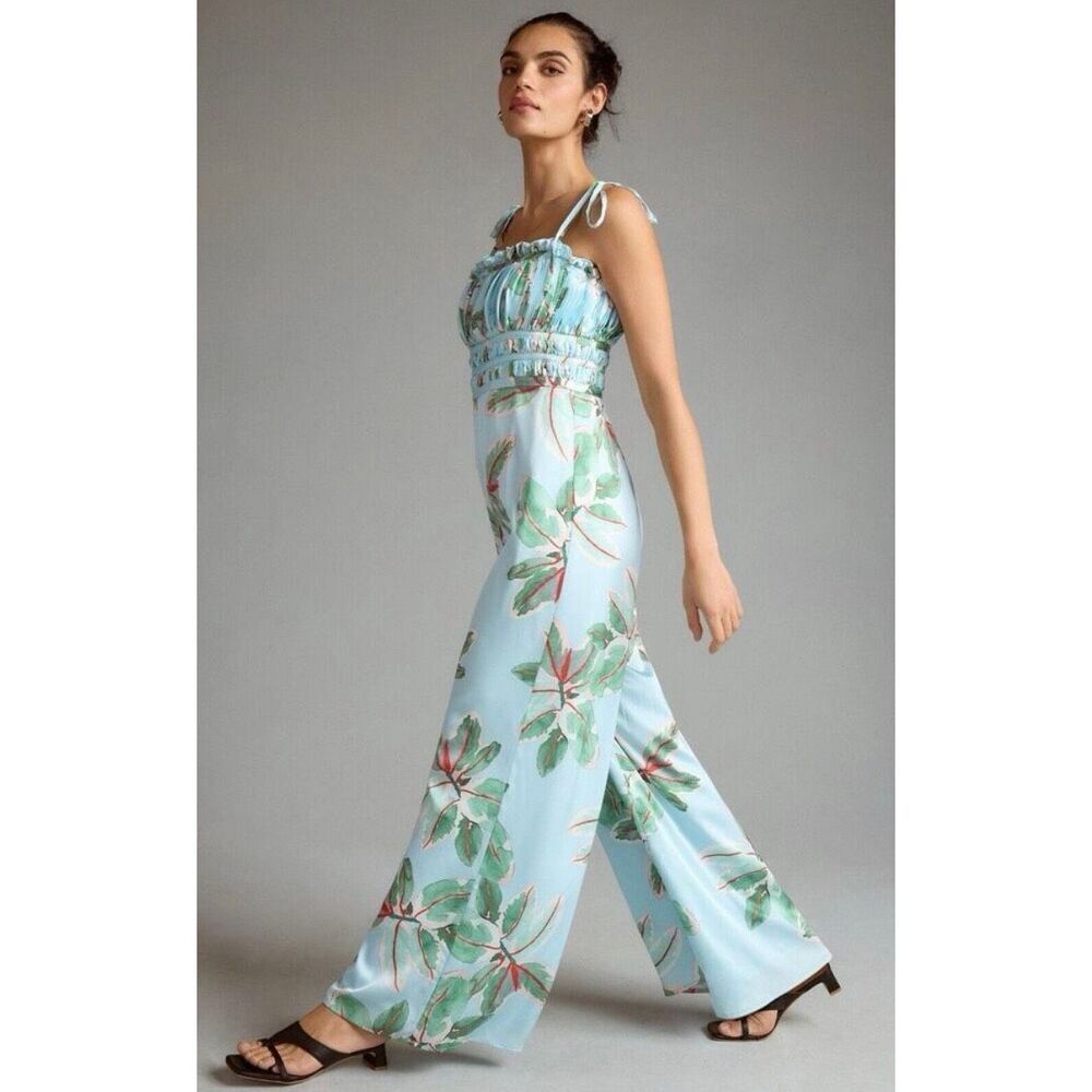 Anthropologie Hutch Ruched Satin Floral Wide Leg Jumpsuit Size 8